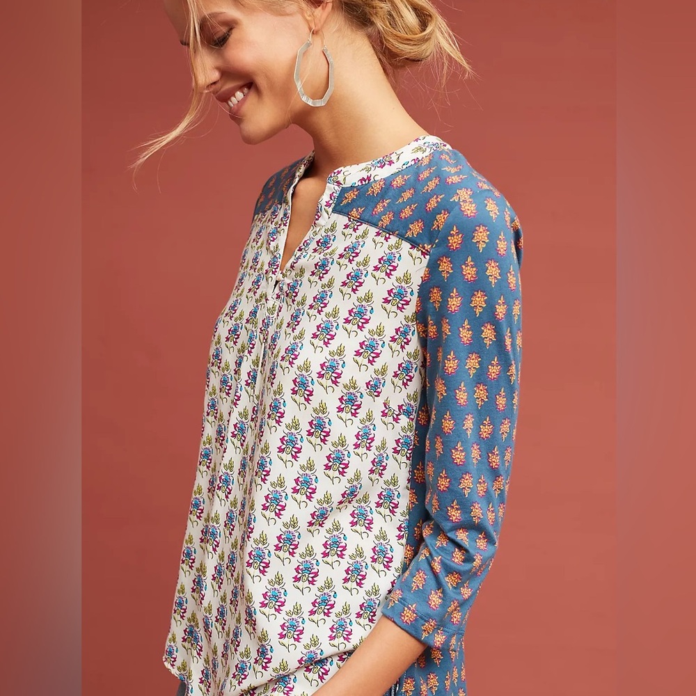 Anthropologie | Maeve Mandan Top, Boho Block Print